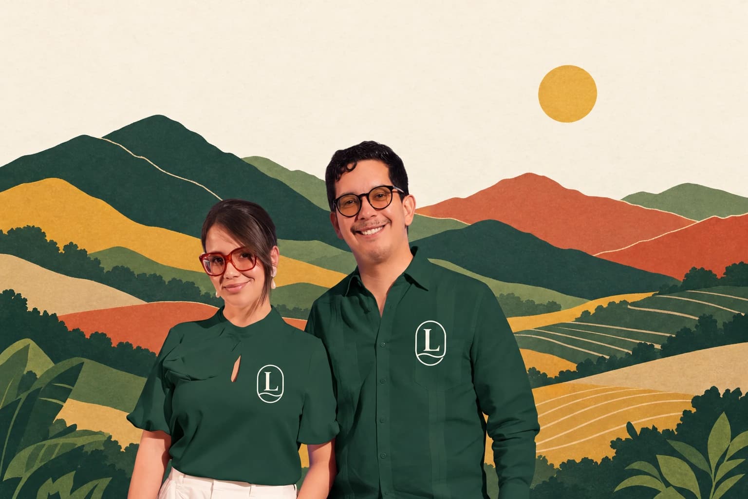 Lucas Pradel y Noemí Jiménez, fundadores de Loma, ante un paisaje de montañas ilustradas