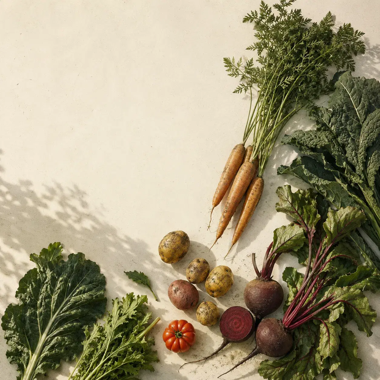 Kale, zanahorias, papas, remolachas y tomate de la cosecha de la semana sobre una superficie de papel crema